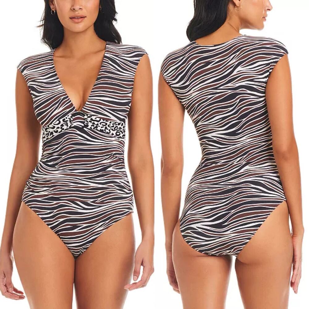 Bleu Rod Beattie Animal Print One-Piece Swimsuit Black/Brown Women 4 NWT